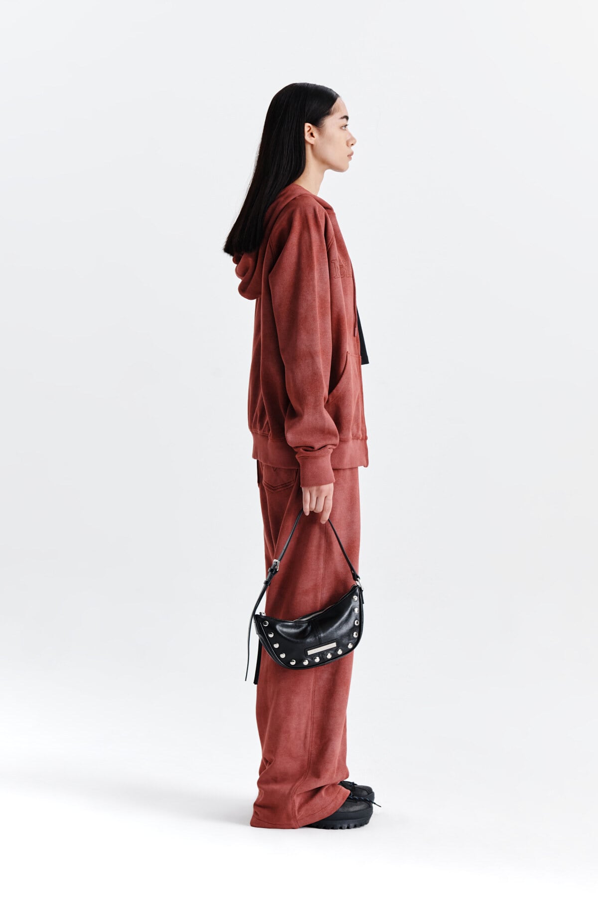 Matin Kim] FRONT LOGO STITCH WASHED HOODY ZIP UP IN BURGUNDY 正規