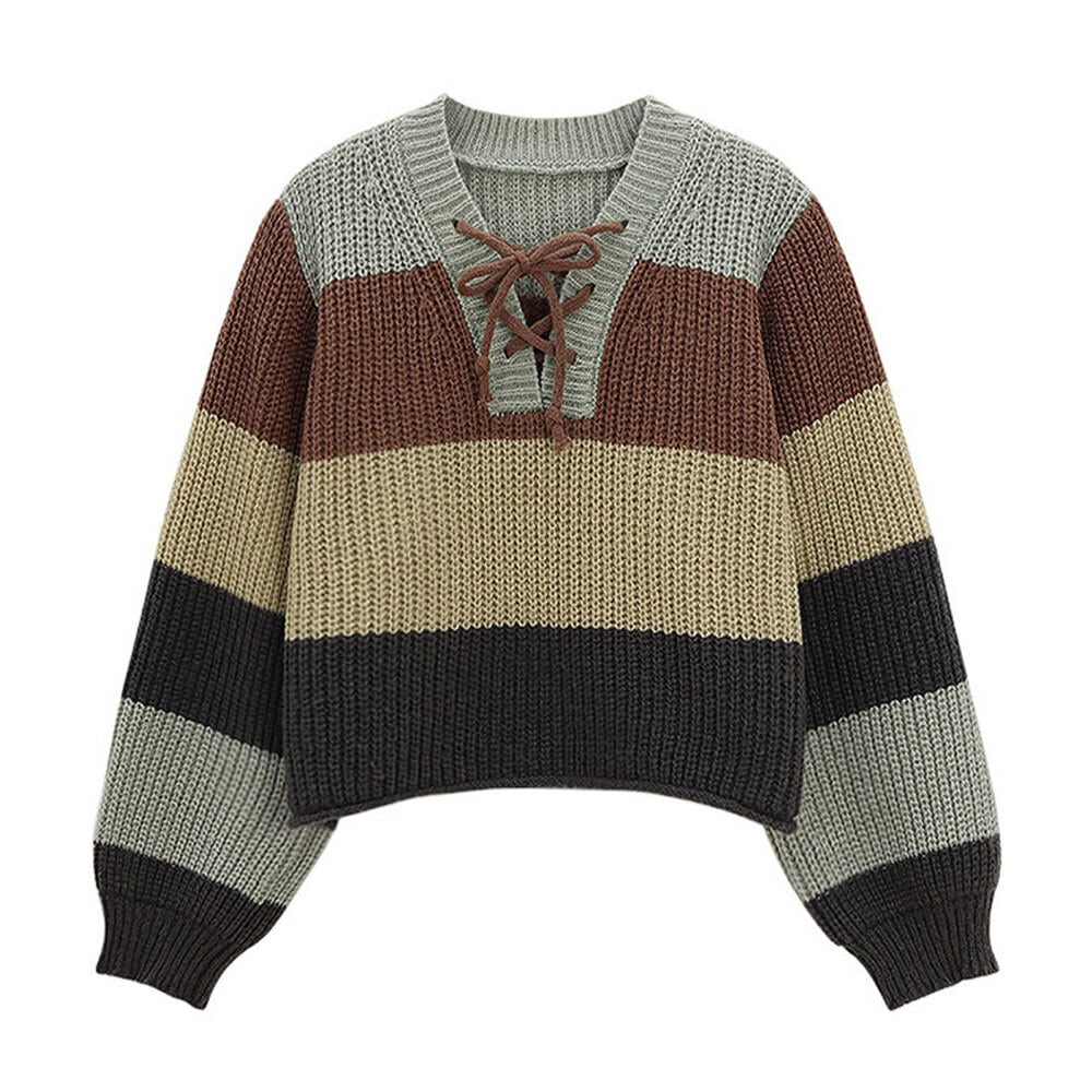【送料無料】 ニット セーター ボーダー ショート丈 長袖 レディース 春秋冬 韓国 大人 カジュアル おしゃれ マルチボーダー ゆったり 体型カバー レースアップ トップス 大人可愛い 大人女子
