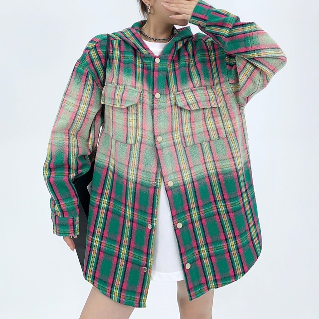 hooded gradation color check pattern shirt　フード付きグラデーションカラーチェック柄シャツ　J0726