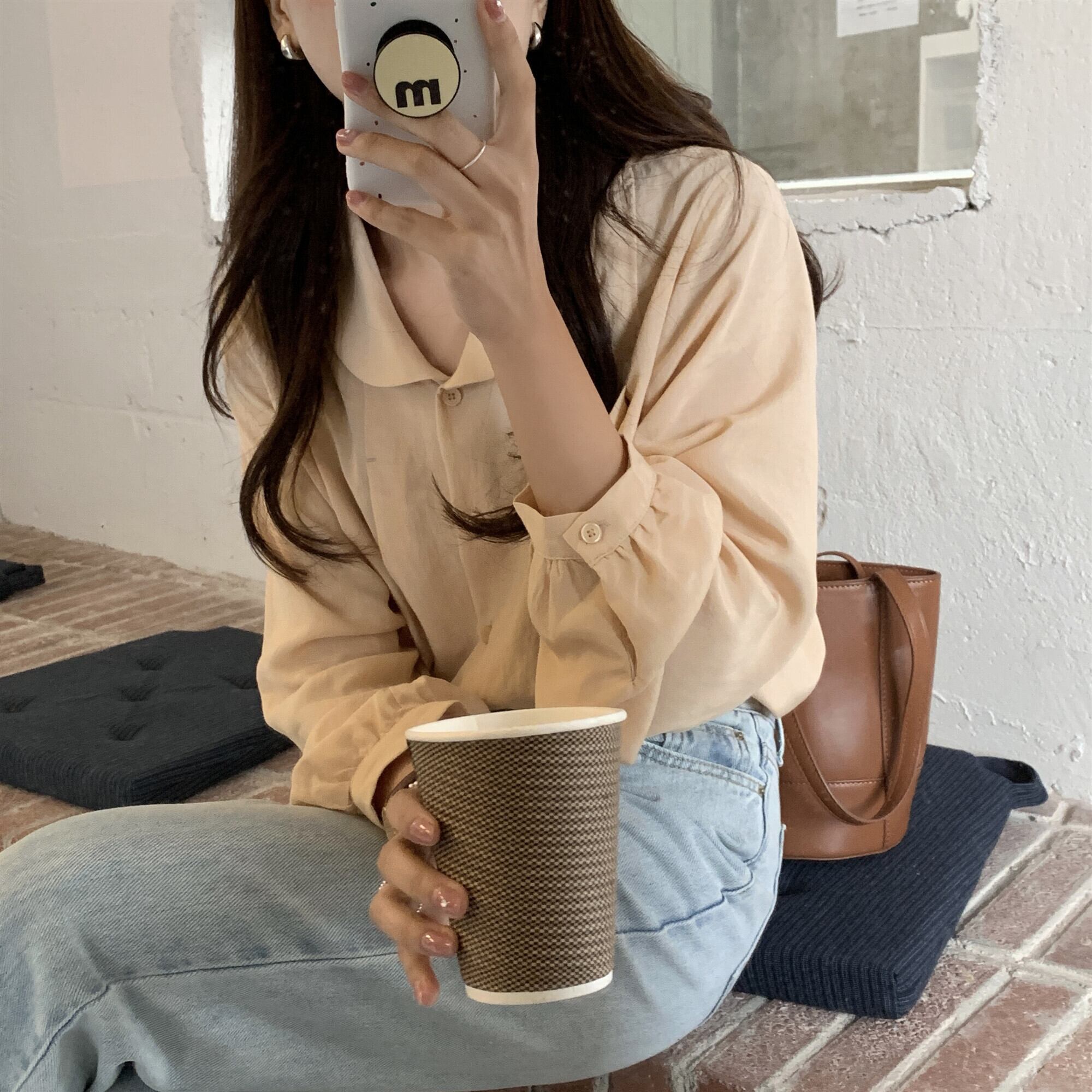 シャツ カラー長袖スリーブスプリングトップス レディース ロング 春物 ビッグFスモールZ韓国68877543102