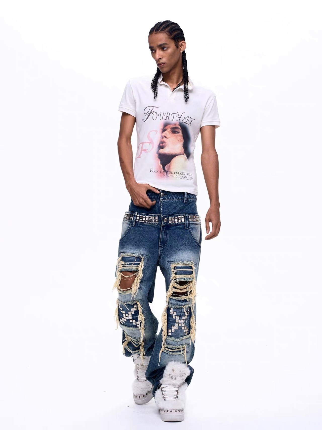 【Fourth3ex】Double Waist Distressed Denim Pants