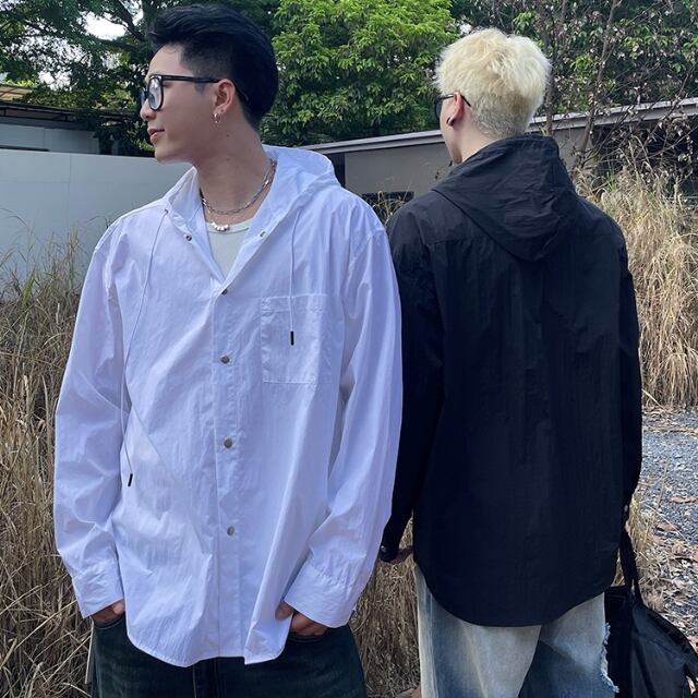 【予約販売】シャツ 長袖 シンプル 無地 フード付き ベーシック モノトーン メンズ ホワイト ブラック カジュアル シック オーバーサイズ こなれ感 お洒落 韓国 トレンド 春 秋 M/L/XL