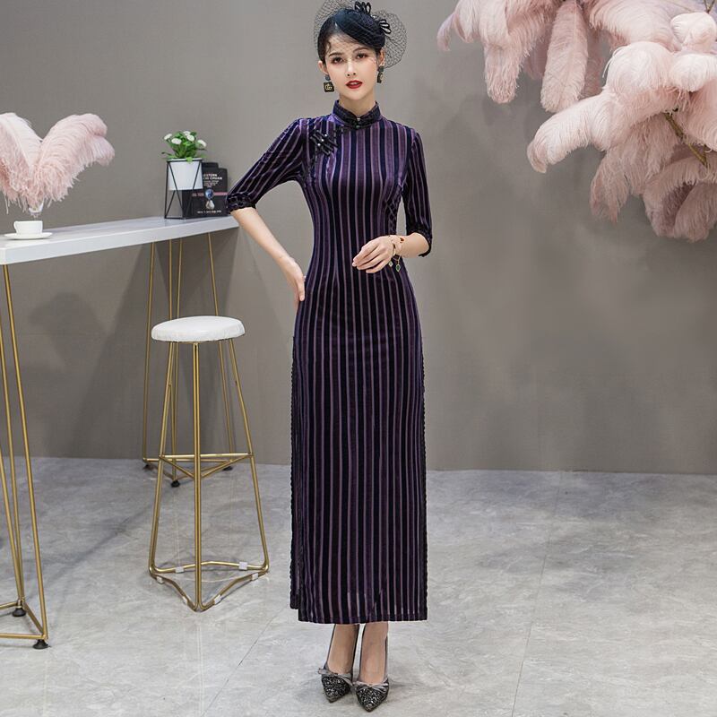 ロングチャイナドレス ベルベットチャイナドレス チャイナ風ワンピース パーティードレス チャイナ風服 中華服 二次会 女子会 同窓会 スタンドネック 七分袖 大きいサイズ S M L Ll 3l 4l 5l パープル ストライプ柄 縞模様 縦縞 Elegant ロングチャイナドレス ベルベットチャイナドレス チャイナ風ワンピース パーティードレス チャイナ風服 中華服 二次会 女子会 同窓会 スタンドネック 七分袖 大きいサイズ S M L Ll 3l 4l 5l パープル ストライプ柄 縞模様 縦縞 Elegant