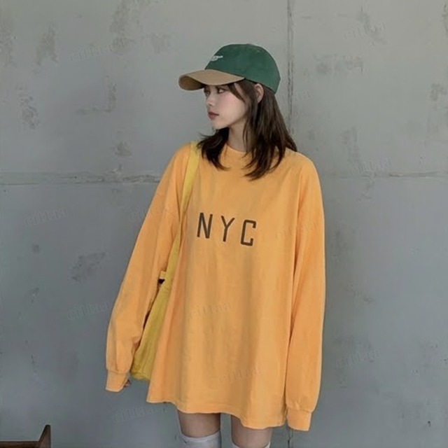【即納】Y-4795　2026新作♡NYCロゴピグメント長袖Tシャツ　イエロー　0120
