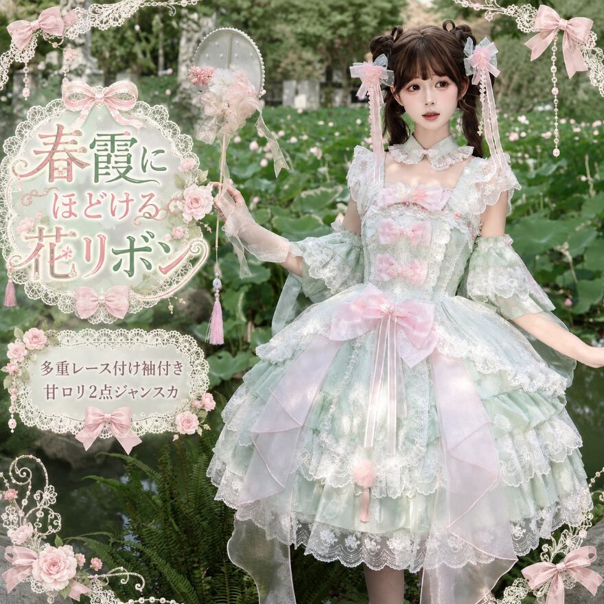 春霞にほどける花リボン 多重レース付け袖付き甘ロリ2点ジャンスカ