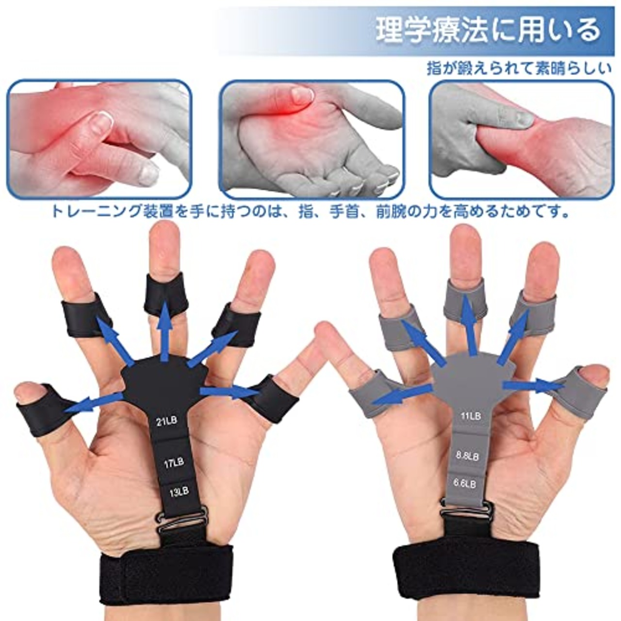 RUITING ハンドグリップ フィンガートレーナー 指トレーニング 握力 6つの抵抗調節可能 6.6-21LB 握る器具 指運動者キット 指の強化 指訓練 指 前腕 手首 機能回復 筋力トレ ストレス解消 高齢者 男女兼用 指の運動器具 2個 指ストレッチャー（ブラック+グレー） 1個リストバンド