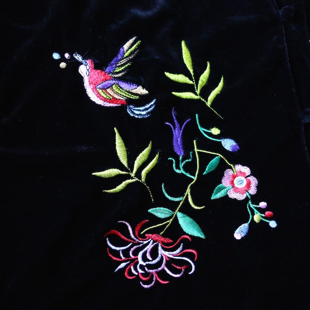 "花×鳥" 刺繍 full pattern over silhouette special velours shirt