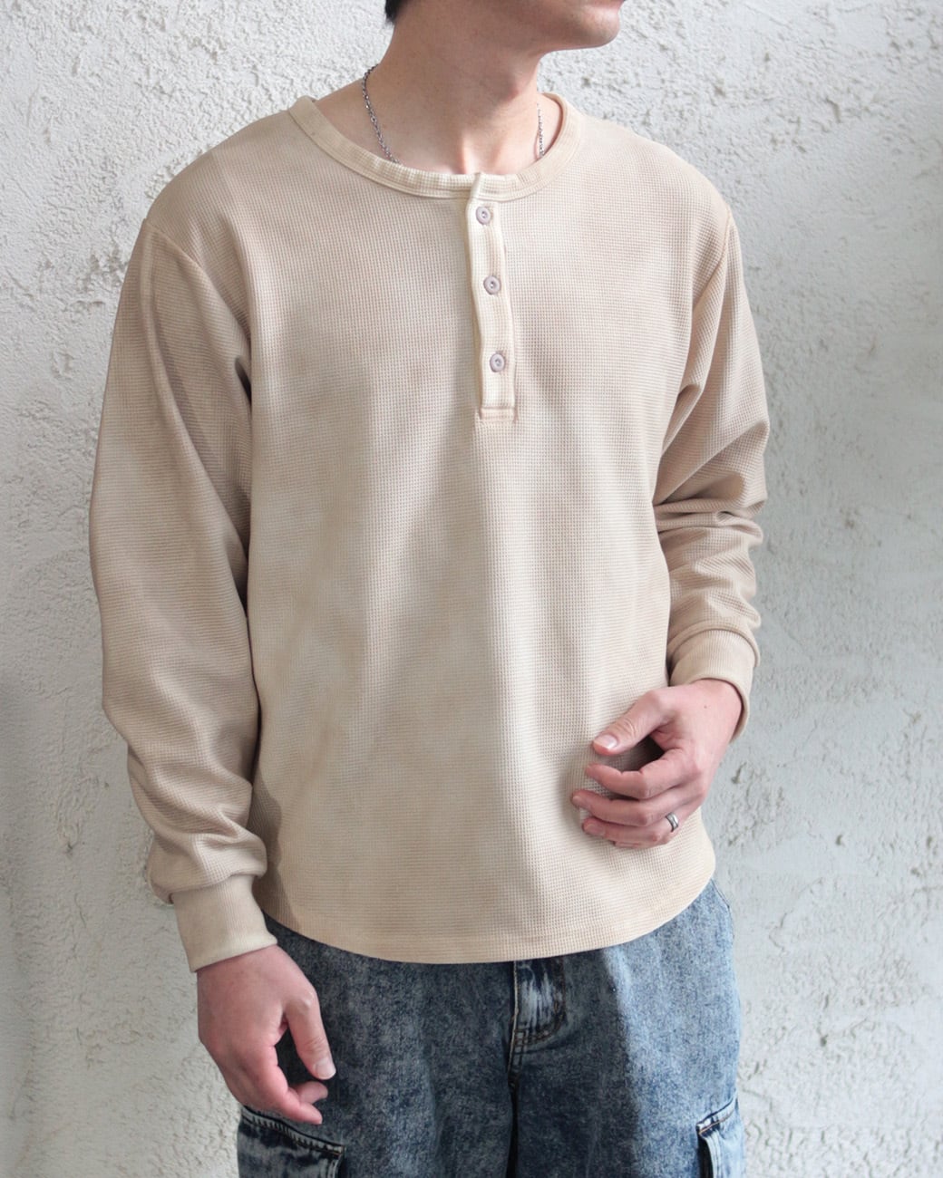 Select】ワッフル編み ヘンリーネック ビンテージ加工 長袖Tシャツ