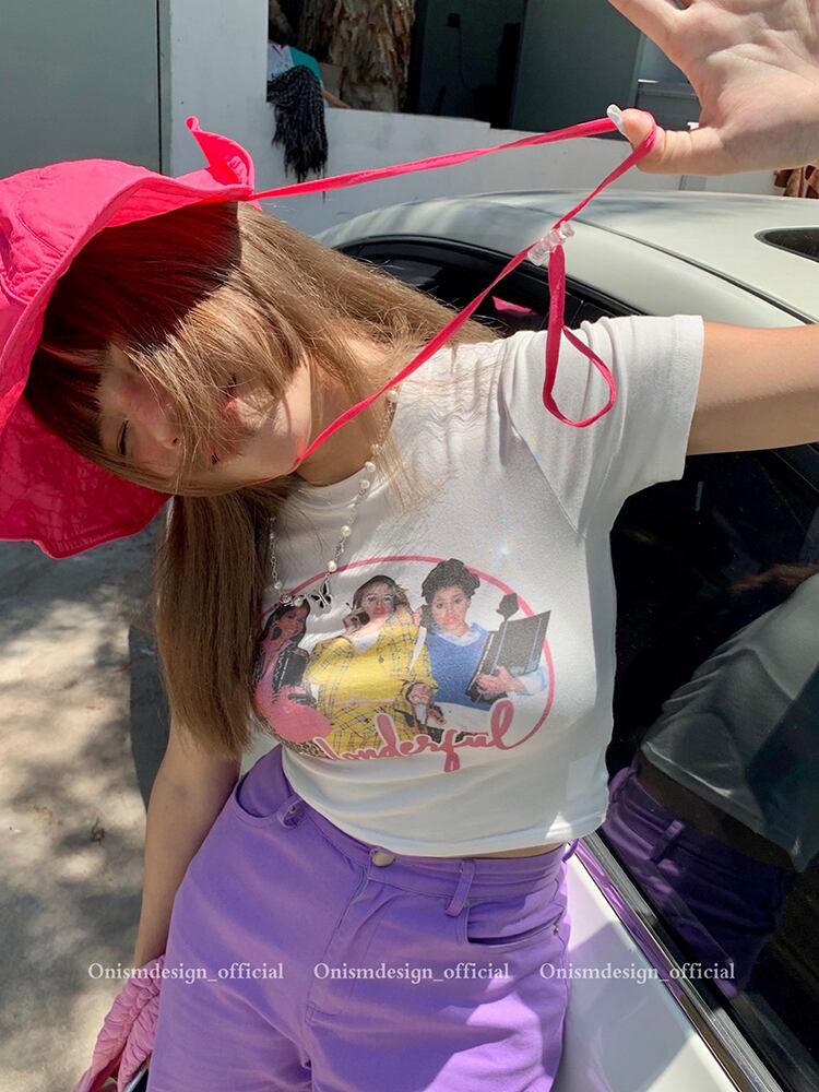 プリントショートTシャツ シャツ サマースリム薄手ラウンドネック ピンク 夏物 Oネック ビッグFスモールZ韓国17604232268