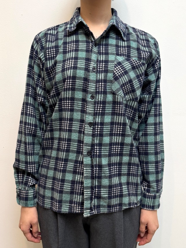 BL18-17 USED PURITAN CHECK SHIRT -GREEN×NAVY-