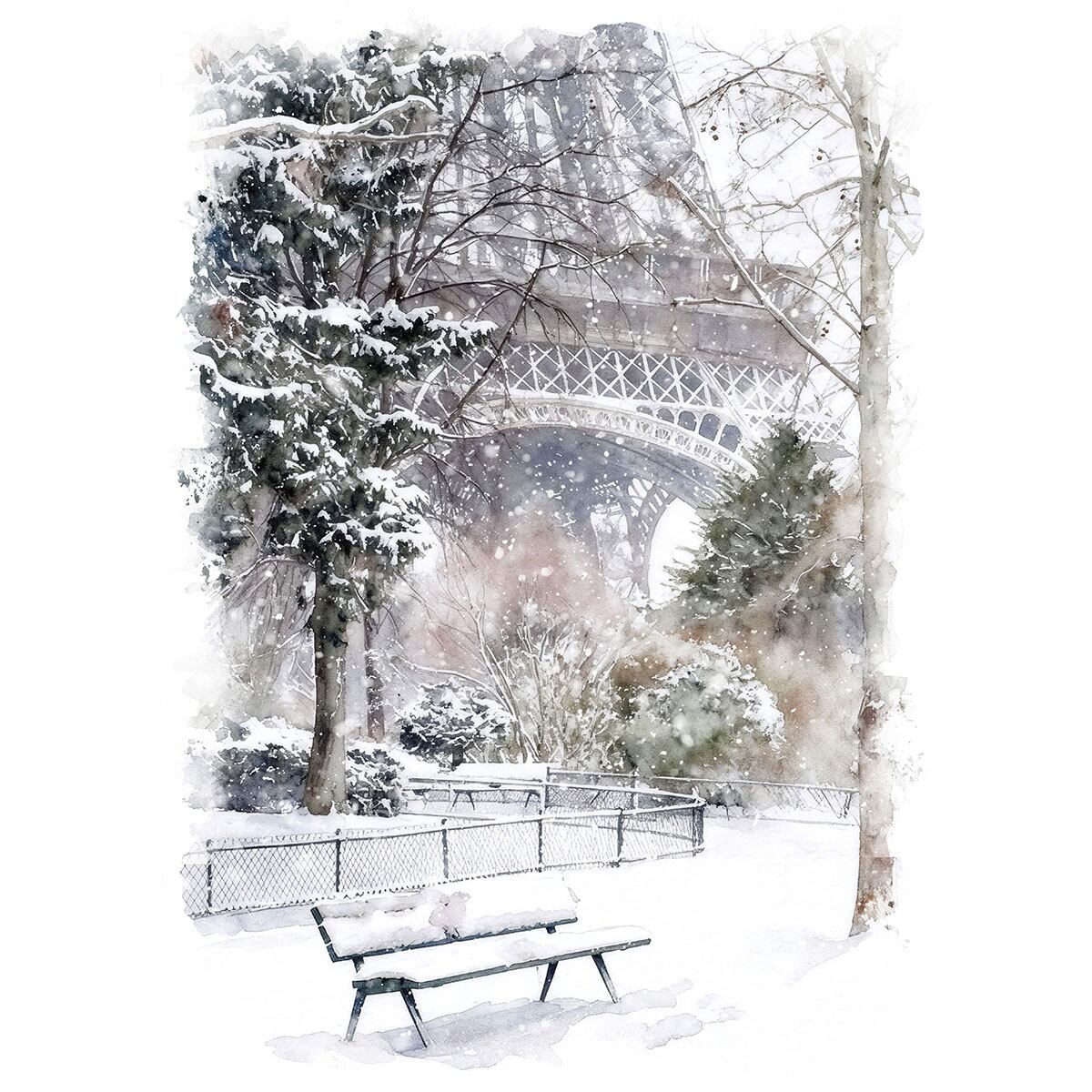絵画 フランス 風景画(街並み) 冬 雪が積もる公園とエッフェル塔 インテリアアート額付き 水彩画・油絵調 WAT0318