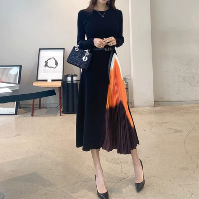 Pleats stitch elegant strap long knit dress