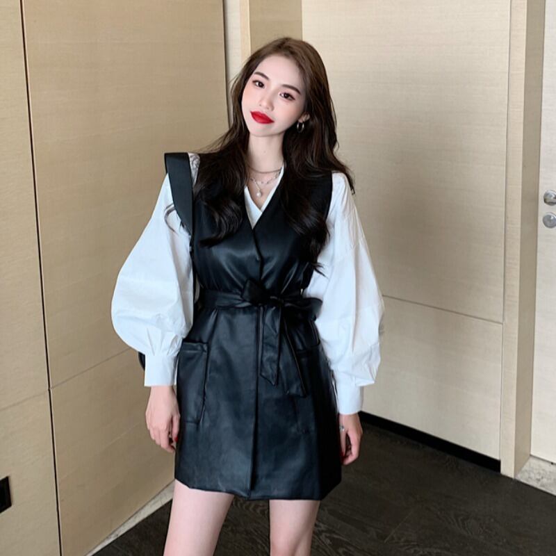 オータムスタイルルーズシャツ バンドウェストレザー 秋物 ハンチェンe55406985171