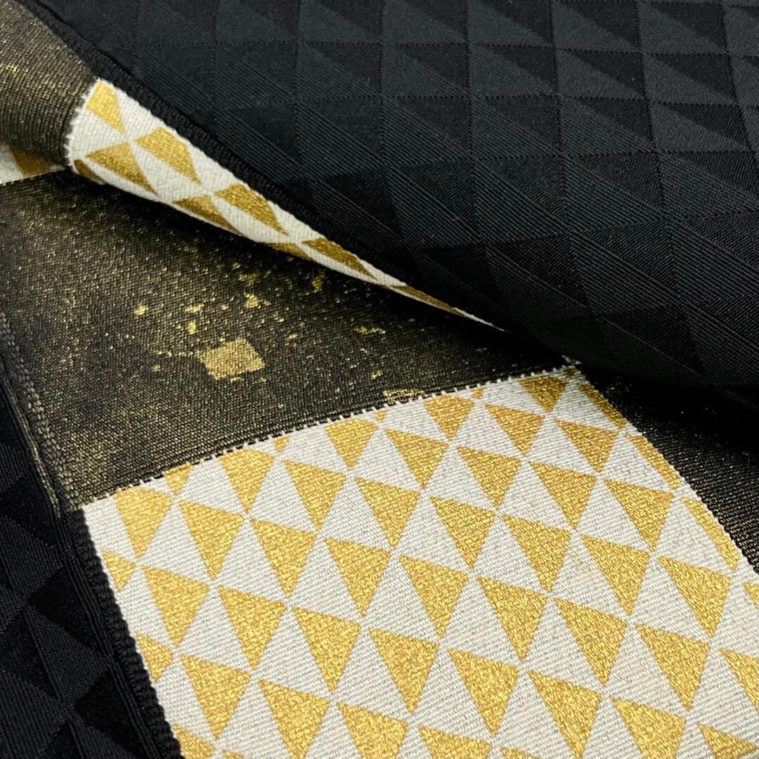 袋帯 格子に鱗模様 箔散らし 金彩 黒色 O-4134 - 袋帯 