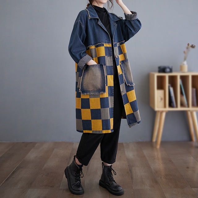 YELLOW CHECKERED A-LINE MIDI DENIM JACKET COAT 1color M-7589