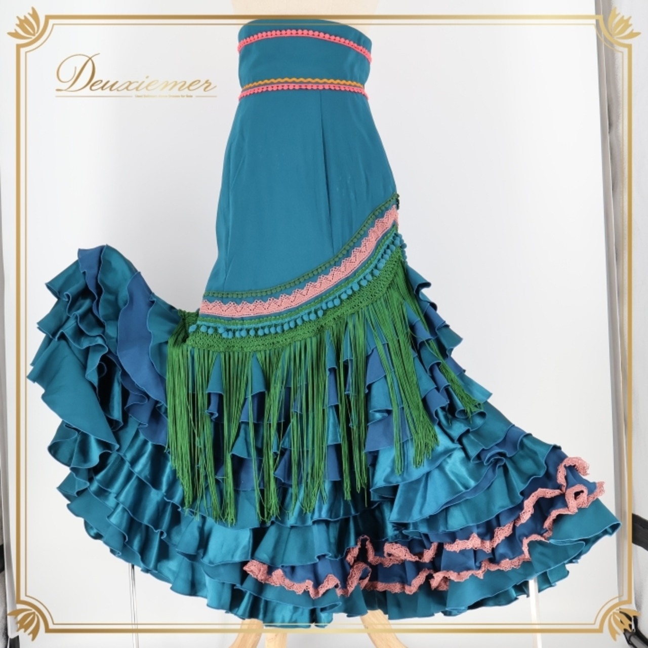 フラメンコ 衣装 ソニアジョーンズ SONIA JOHNES ファルダ スカート フリンジ ボランテ フリル 青緑 緑 レース ハイウエスト フレコ 発表会 パーティ ダンス ブルー系 グリーン系 オレンジ系 フェスティバル ステージ 衣装 エレガント ボリューム感 パフォーマンス おしゃれ 女性用 可愛い フリンジ付き 派手