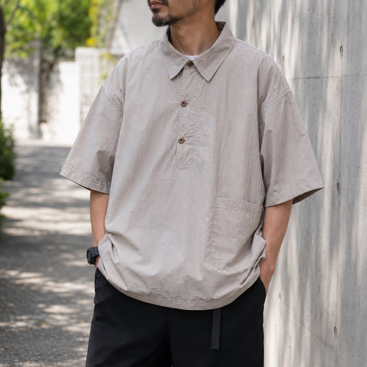 【H0705】Button-down Shirt with Patch Pocket Regular Collar / 2color