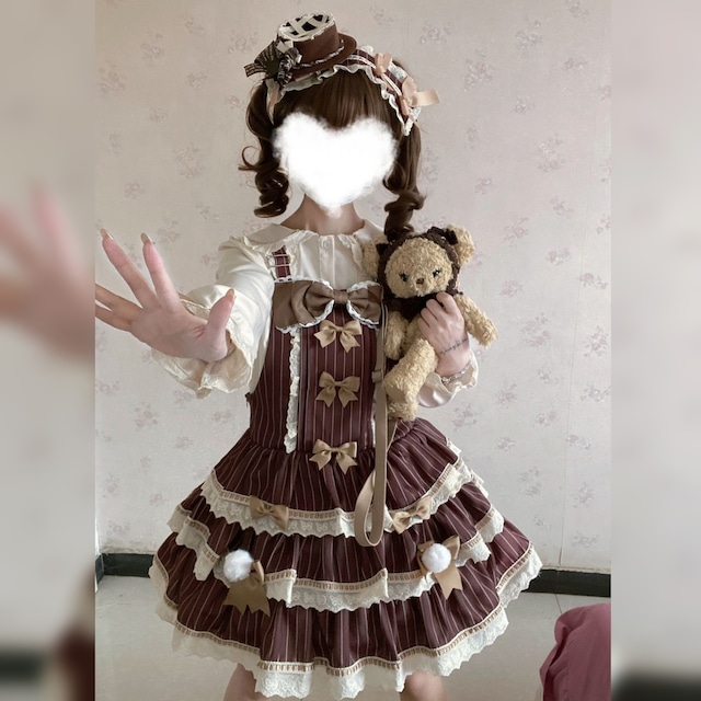 猫耳リボンブラウンストライプJSKセットアップ