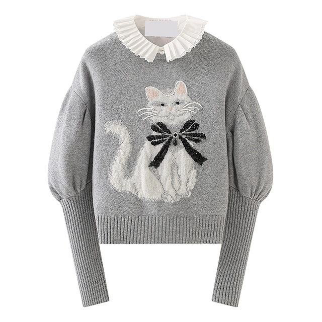 おすまし白猫の襟つきセーター　1083