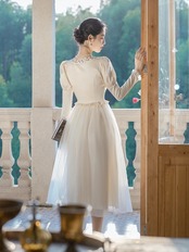 【0167】Lace-up Ribbon Tulle Long Sleeve Dress