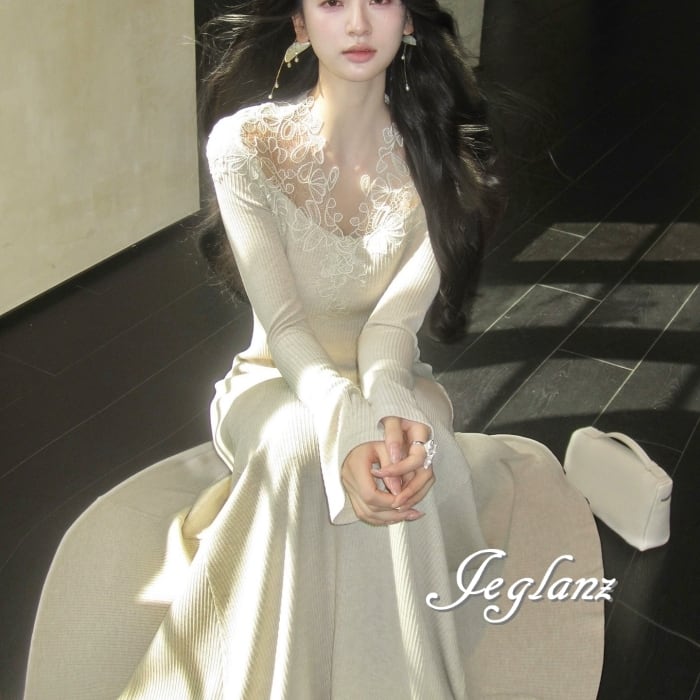 3色 ニット マキシ ワンピース ドレス 刺繍 レース エレ派(MB406)γ