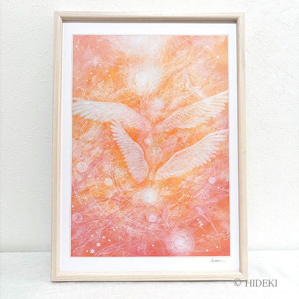 天使の絵「いつも一緒」HIDEKI 直筆サイン入り HYMジクレー版画 A3額縁