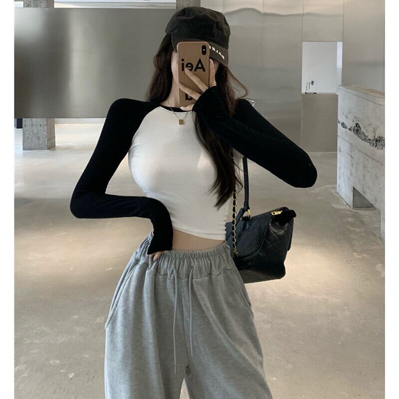 カラーショートTシャツ シャツ オータムスタンダードラウンドネックカジュアルトップス ロング レトロ 秋物 Oネック ガールズファッション89326783881