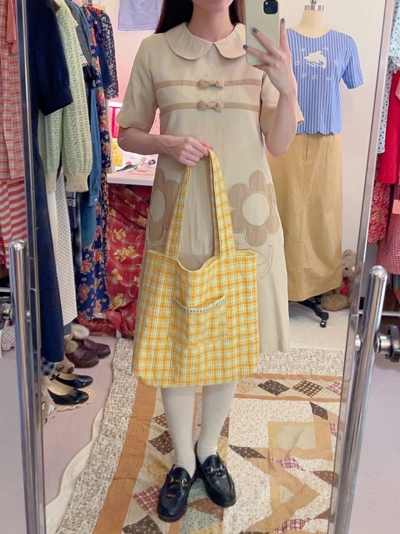 original / yellow check quilting tote bag