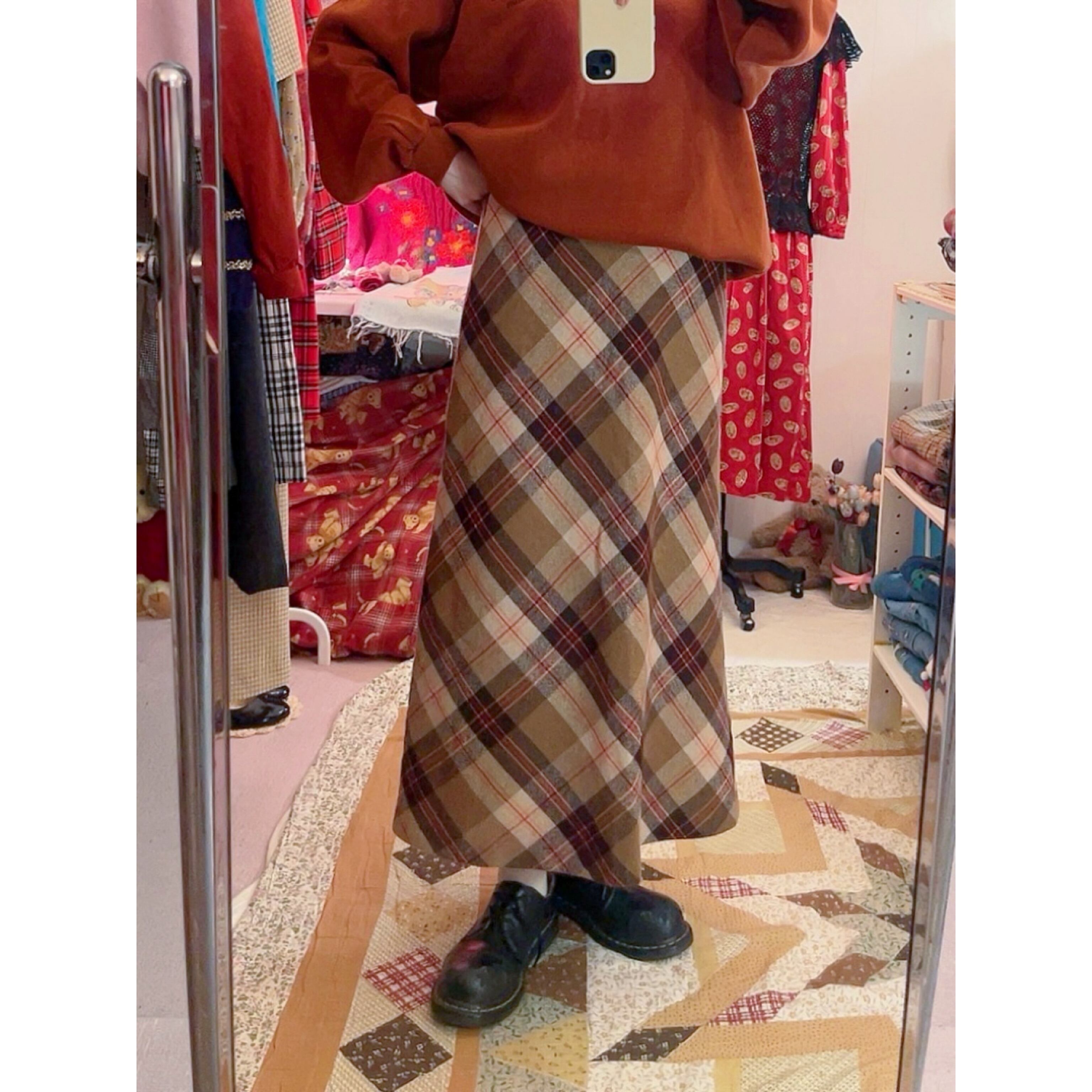 orange check wool long skirt