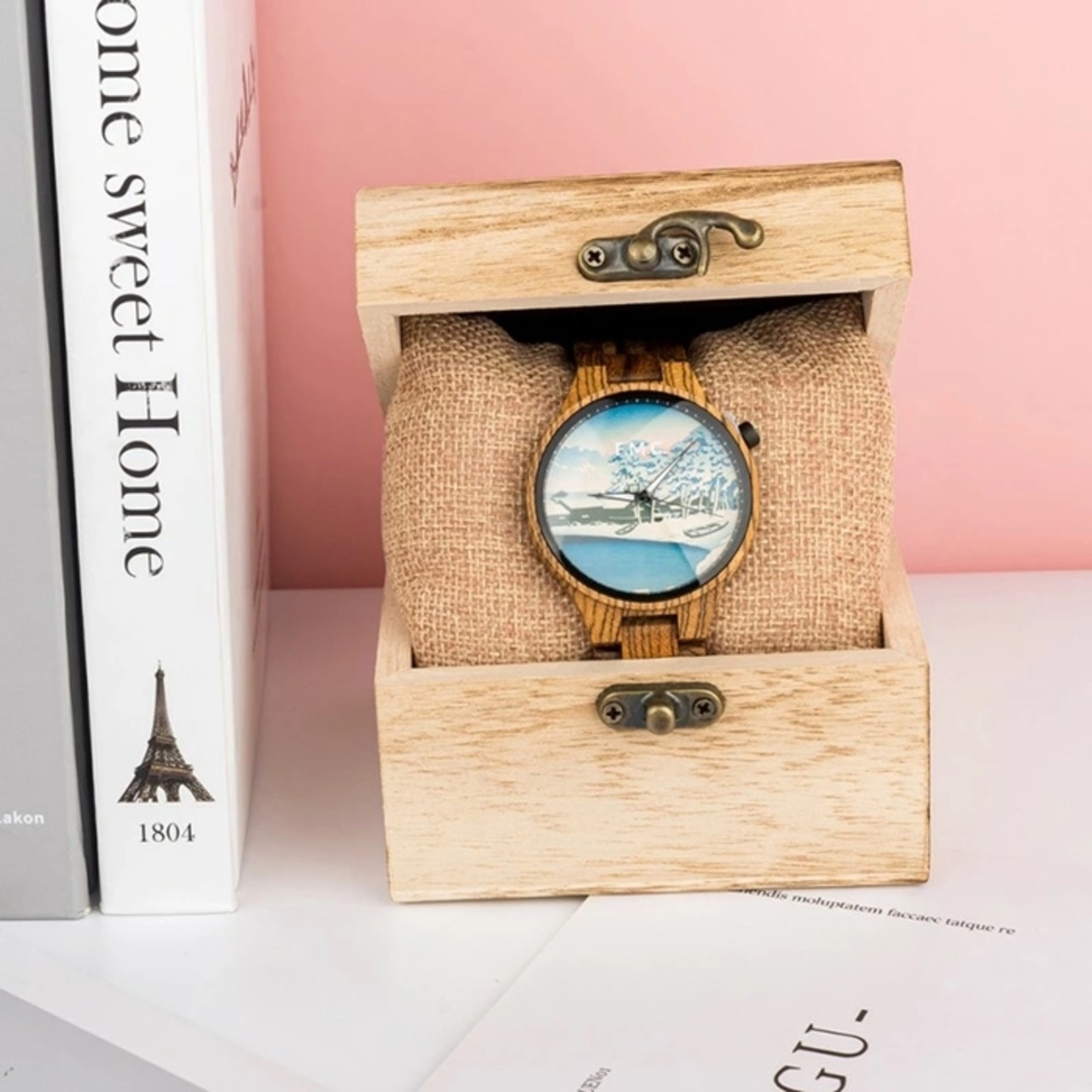 BOBOBIRD × F.M.C. コラボ メンズ木製腕時計 浮世絵シリーズ 川瀬巴水「旅みやげ 雪の明ぼの・佐渡小木港」モデル 日本製クオーツ 正規保証書付 ギフトBOX入り