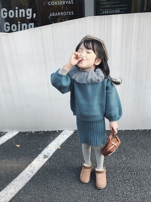 女の子 ニットセットアップ キッズ 子供 ベビー ツーピース 上下セット スーツ トップス ニット セーター ニットワンピース チュール  襟付き ワンピース 子供服 冬 冬新作 パーティー クリスマス プレゼント ギフト 韓国子供服 韓国