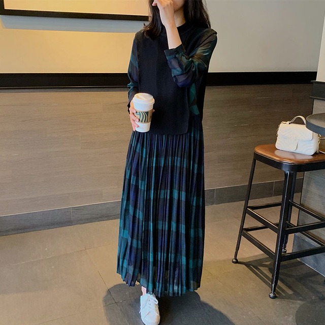 レディース 異素材ワンピース チェックドッキングワンピース レイヤード風 チェックワンピース プリーツ ロングワンピース ニット クルーネック 長袖 ミモレ丈 重ね着風 ブロックチェック タータンチェック フレア ブラック 春夏 春 夏 秋冬 秋 冬 ゆったり 大人可愛い