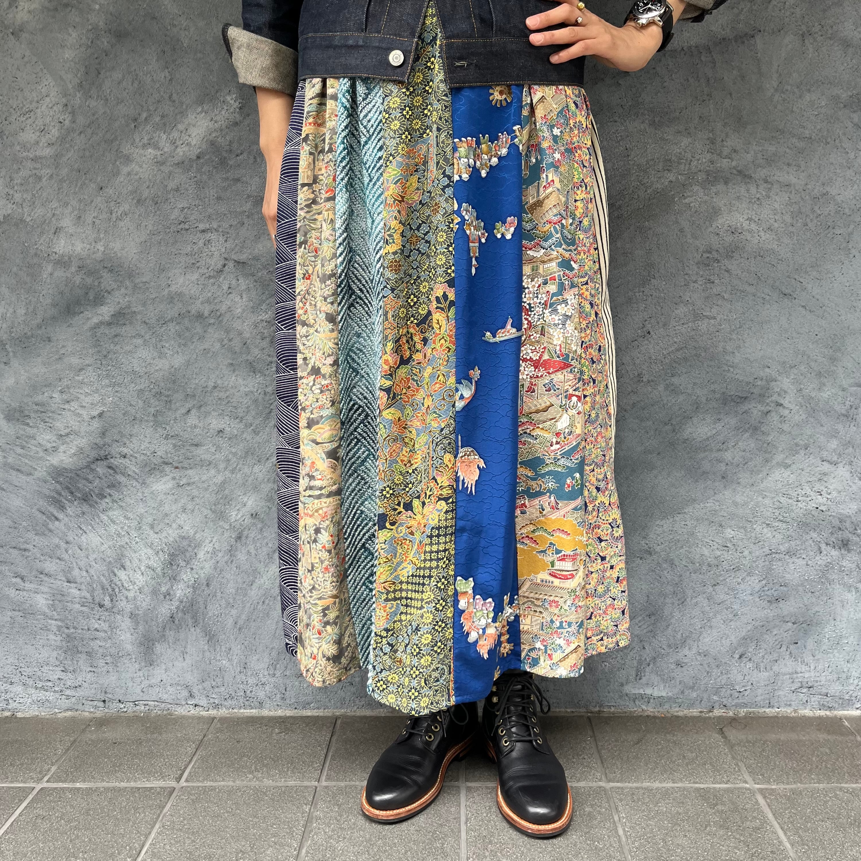 着物リメイクMIXギャザーロングスカート - kimono elastic waist skirt