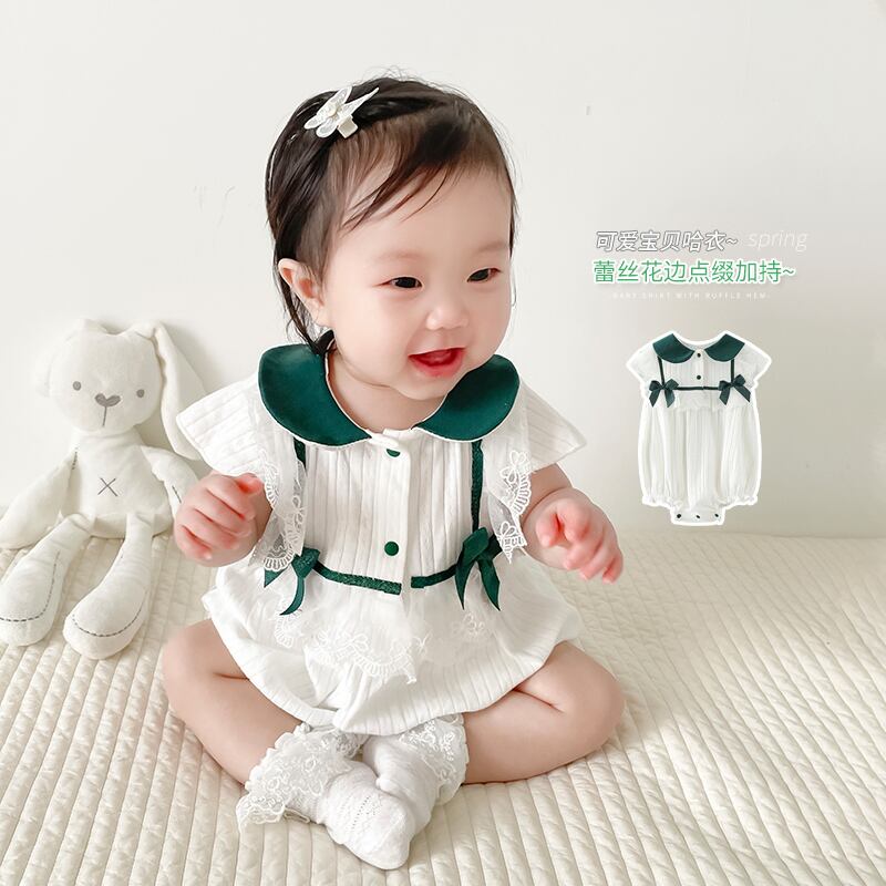 サマー薄手ワンピースグリーントライアングルロンパース オールインワン リボン 夏物 超面白いベビーショップ34153740962