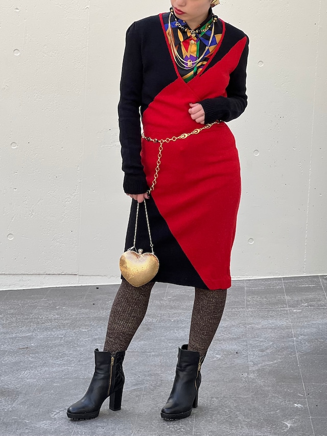 80s red  × black bi-color knit dress ( ヴィンテージ 赤 × 黒 ニットワンピース)