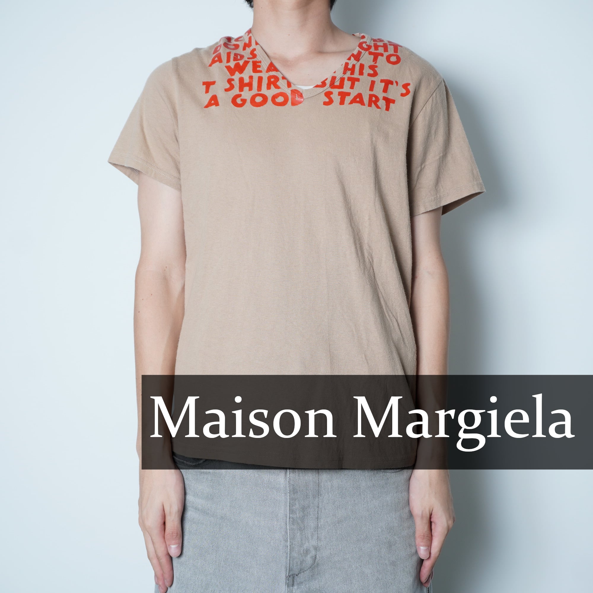 未使用タグ付　メゾンマルタンマルジェラ　エイズTシャツ ベージュ　L Maison Margiela】メゾンマルジェラ ”本人期”ここのえタグ エイズT