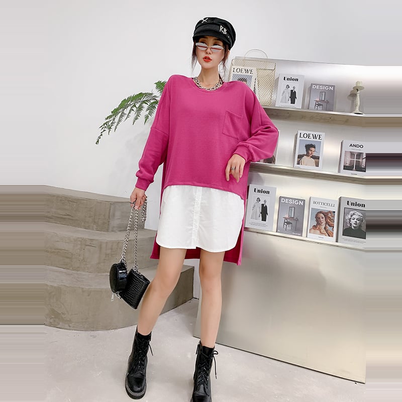 2020年秋の新しいプラスサイズの女性の脂肪の姉妹スリムTシャツウエスタンスタイルのルーズフェイクツーピーストップス ミックスインファッション33860642218