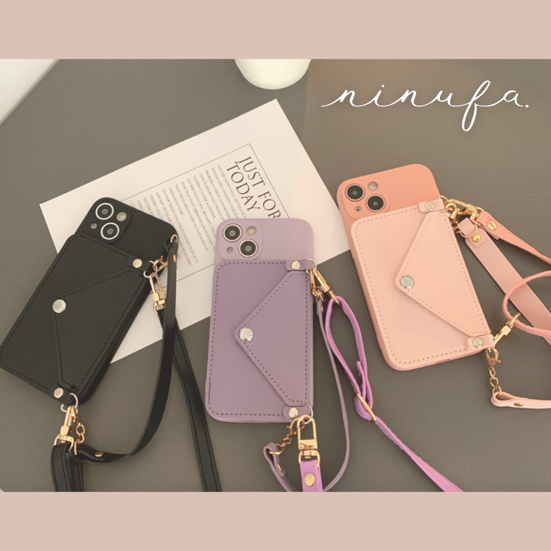 【再販】おしゃれで話題のスマホショルダー◎レザー調 カードケース付き カメラレンズ保護 iPhone14 フェイクレザーショルダー ストラップ スマホケース 6color ND-14675