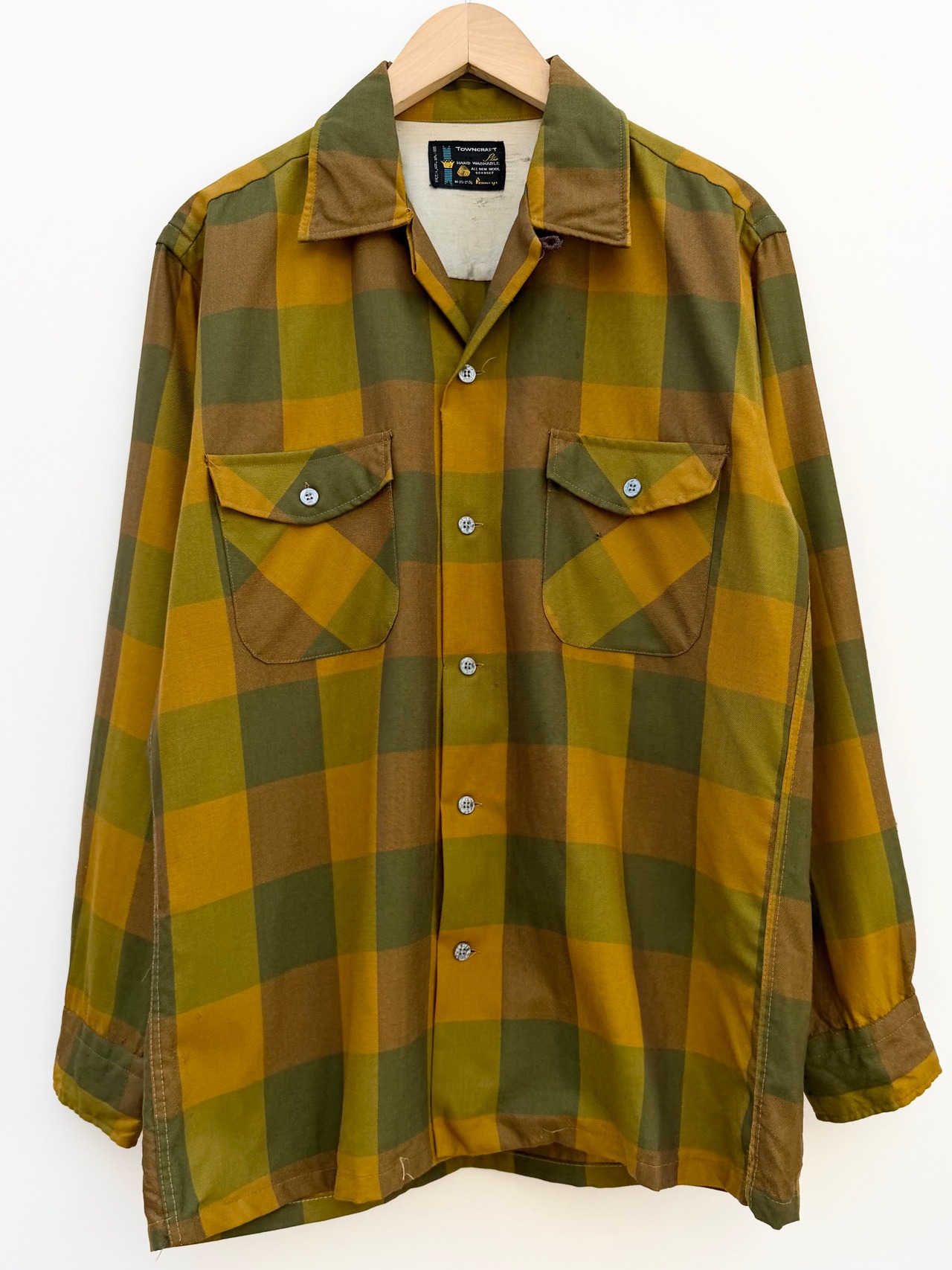 60s TOWN CRAFT "BLOCK CHECK" L/S OPEN COLLAR SHIRT MADE IN JAPAN Size M