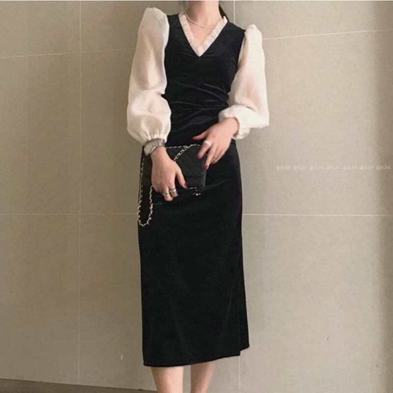 ワンピース ファッション 韓国系 Vネック 切り替え 長袖 フリフリ付き Ol フォーマルワンピース Miyabigo ワンピース ファッション 韓国系 Vネック 切り替え 長袖 フリフリ付き Ol フォーマルワンピース Miyabigo