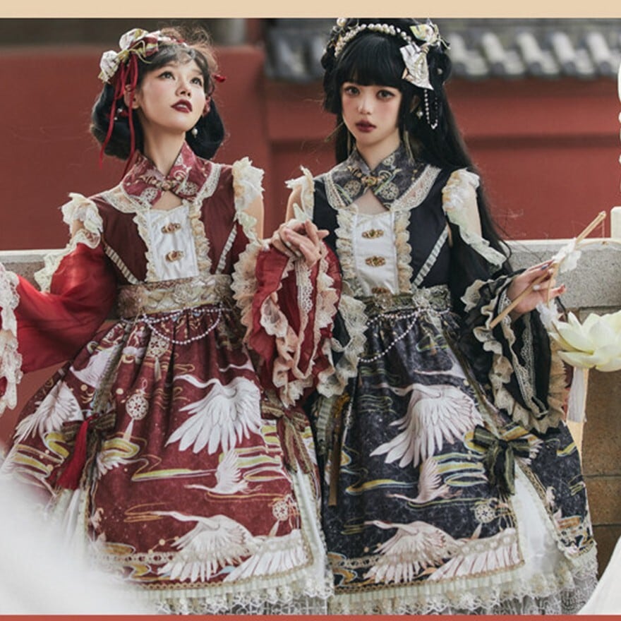 和ロリータ 鶴柄ワンピース 姫袖レース撮影会衣装 | ロリータ