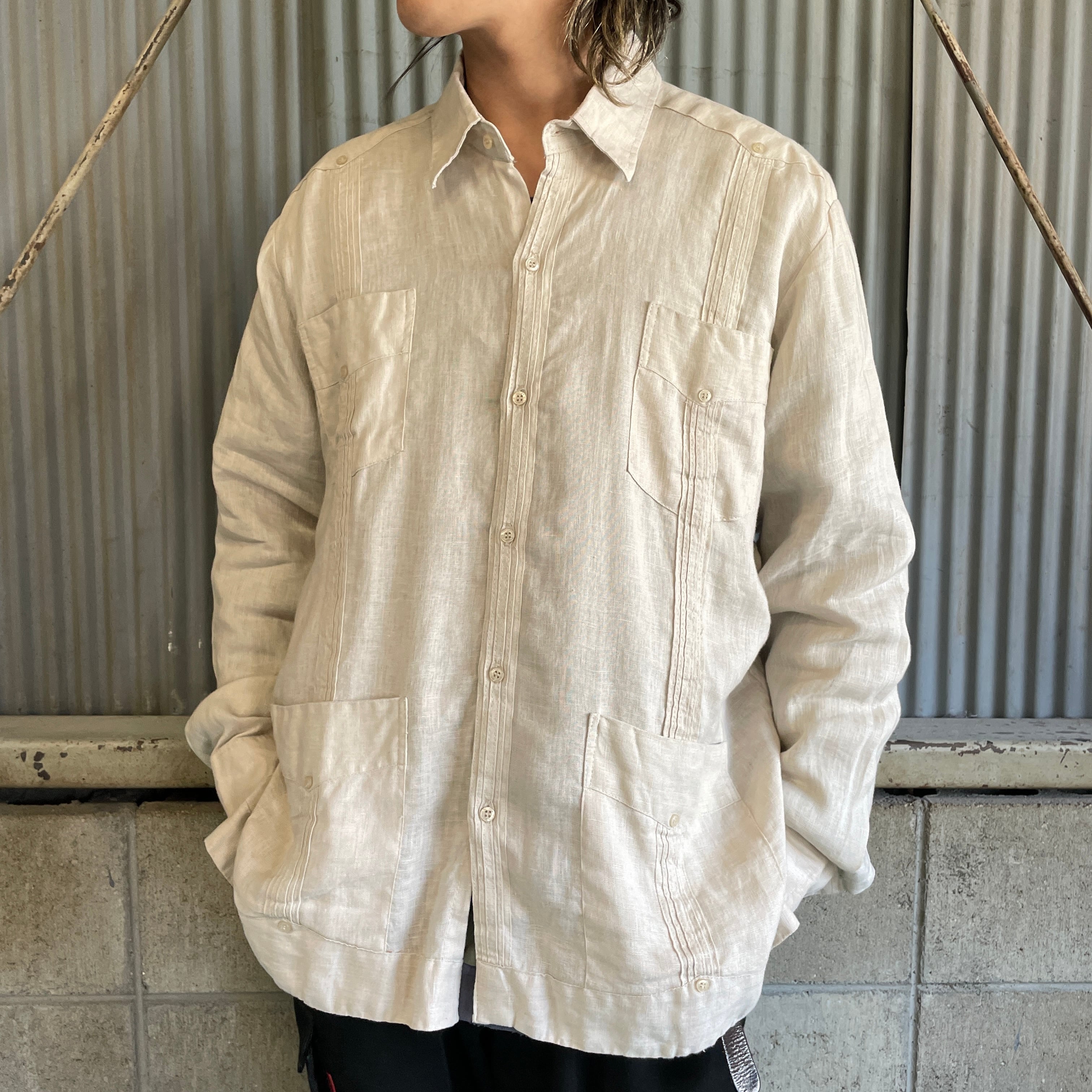 CRIOLLA リネン タック 長袖キューバシャツ メンズXL 古着 ベージュ 