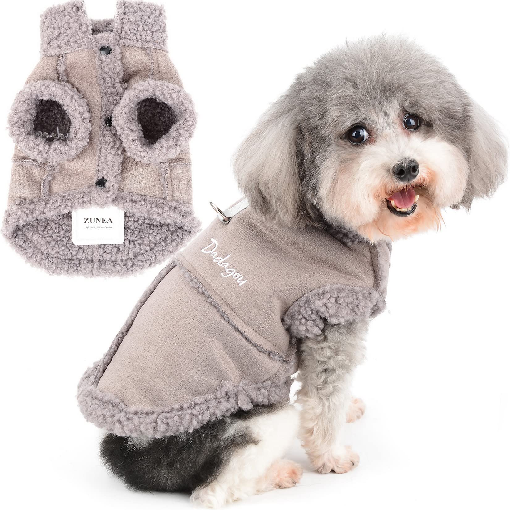 ZUNEA 犬の服 秋冬 ジャケット コート 小型犬用 あたたかい フリース パーカー おしゃれ 暖かい 防寒 防風 ベスト ペット ドッグウェア 洋服 Dリング付き 冬服 子犬 猫 チワワ服 お散歩 お出かけ グレー S