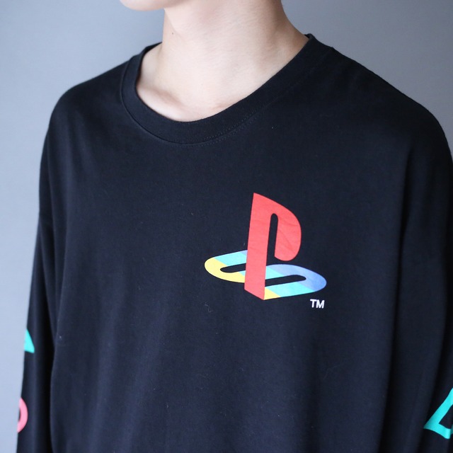 "play station" △○X□ sleeve printed loose l/s tee