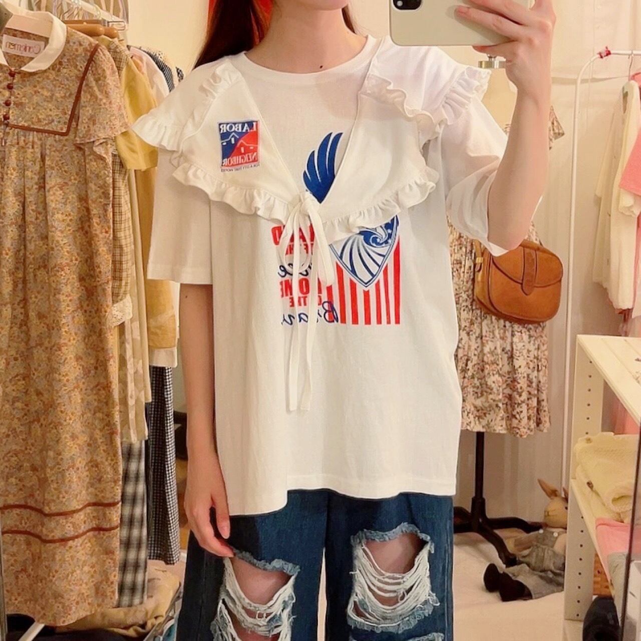 remake : frill open collar white big T-shirt / 01