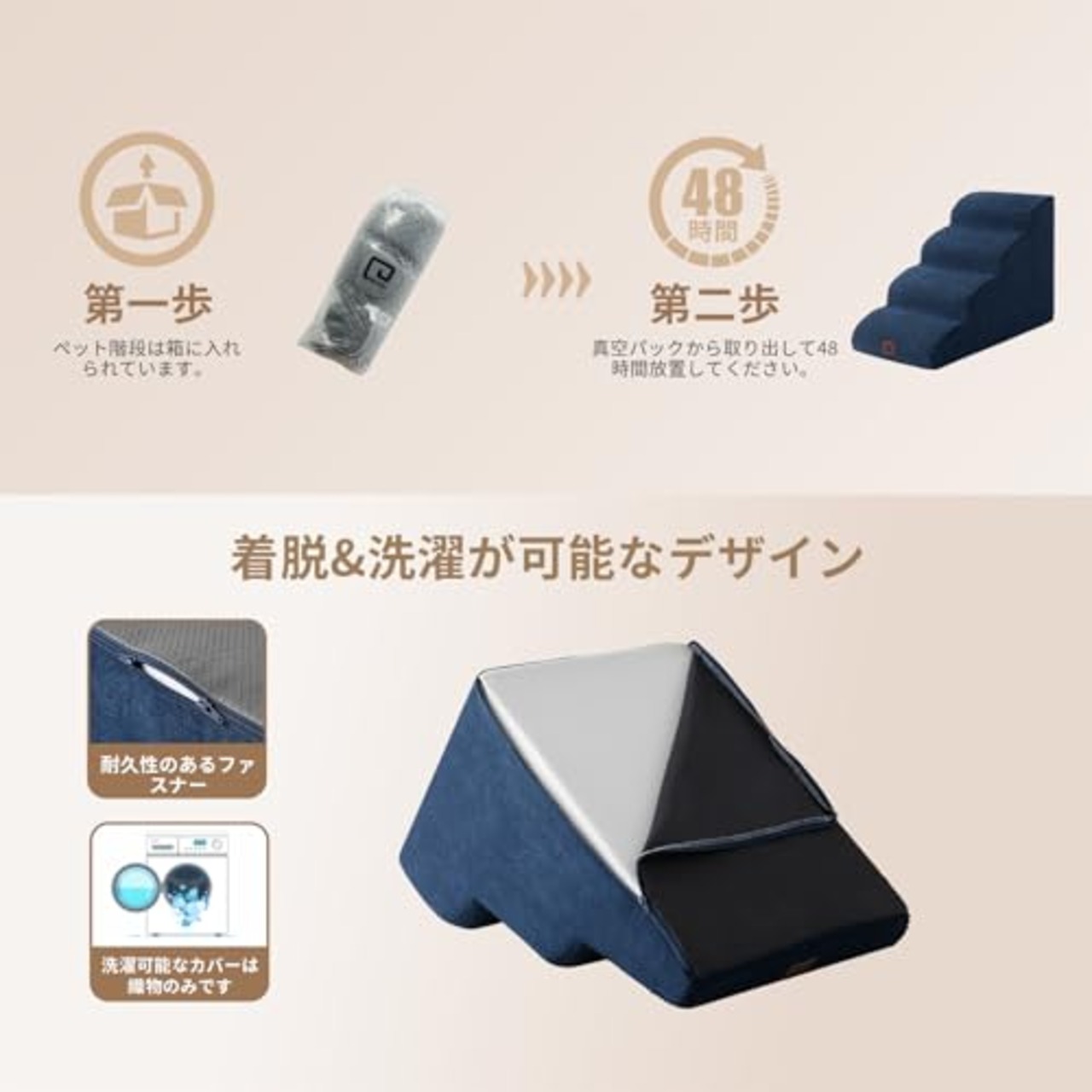 EHEYCIGA 犬 階段 ステップ ペット階段 ドッグステップ 犬 スロープ 高密度 滑り止め付き 安定性 カバー取り外し可能 洗える 小型犬適用（4段,ネイビー）