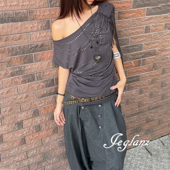 ワンショル スタッズ 半袖 デザイン Tシャツ フリンジ アシメ ♪(MC897)β