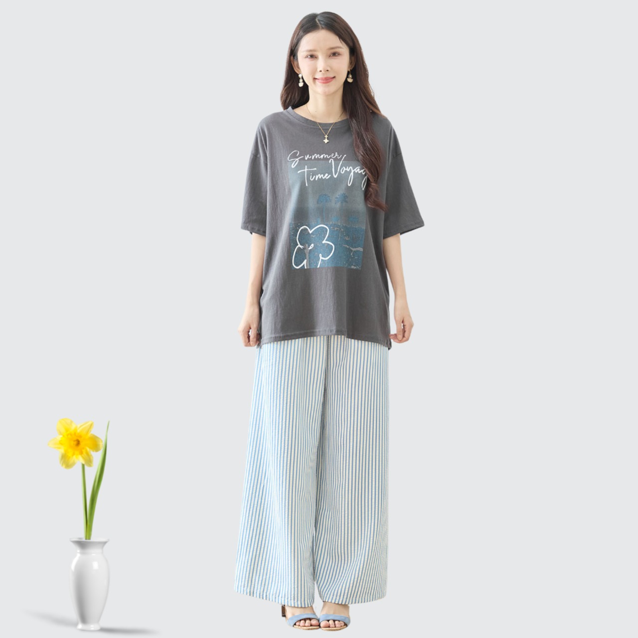 TRUBE リラックスストライプワイドパンツ【M~L】サックスブルー