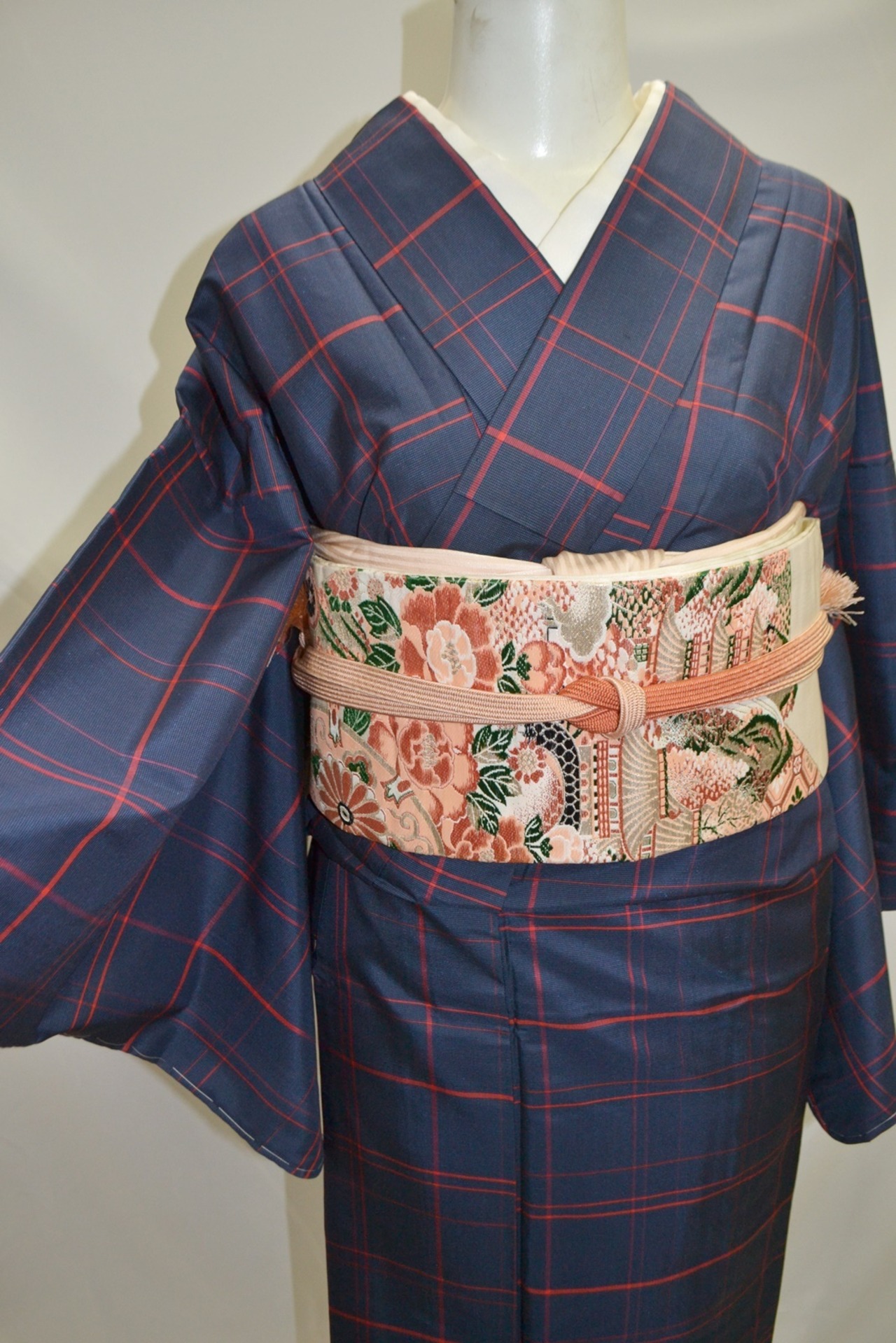 大島紬 アンサンブル 紬 紺×赤 格子 チェック 証紙有 普段着 外出着  