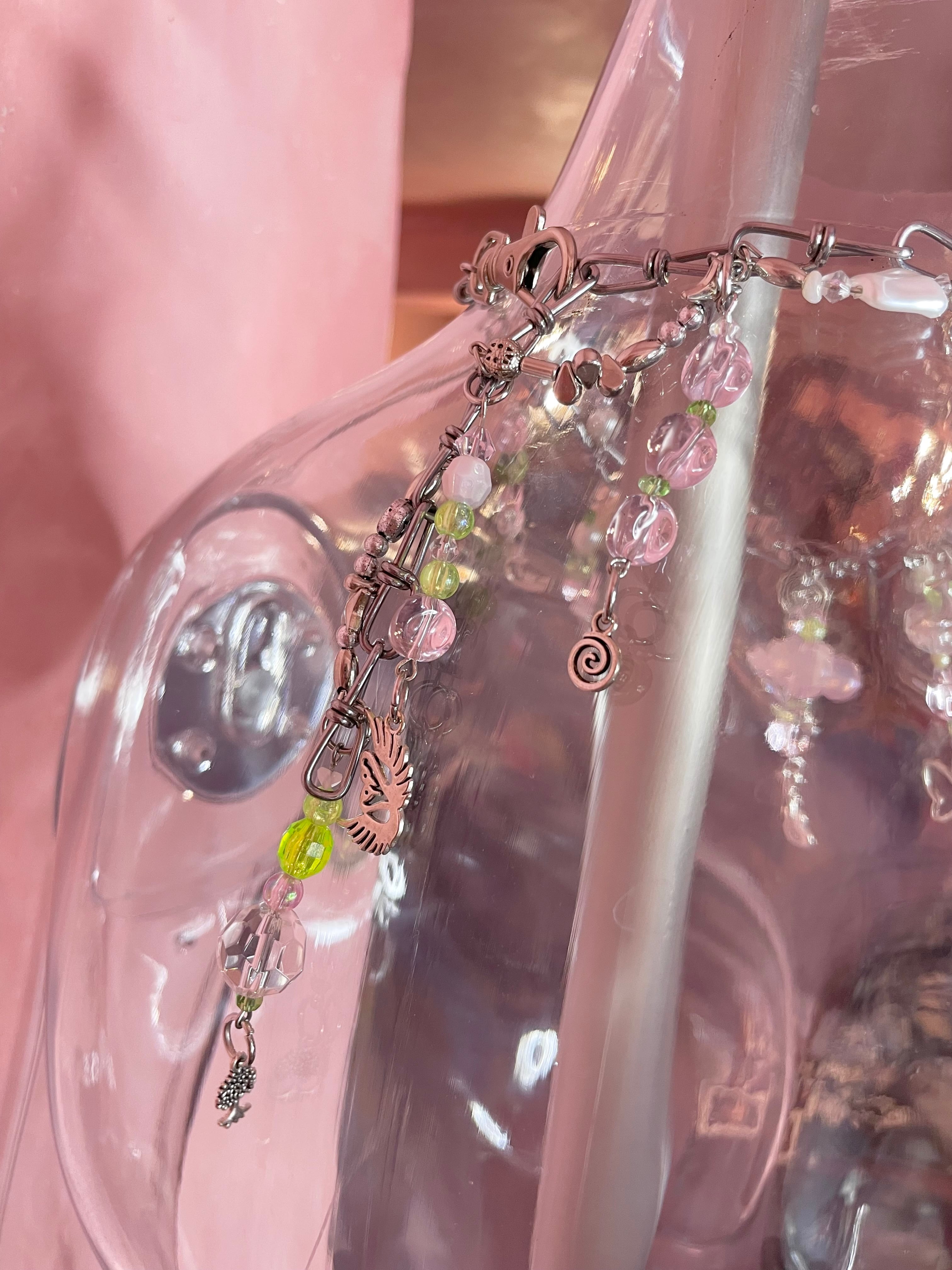 Chunky Charm Necklace 〈Silver pink green〉